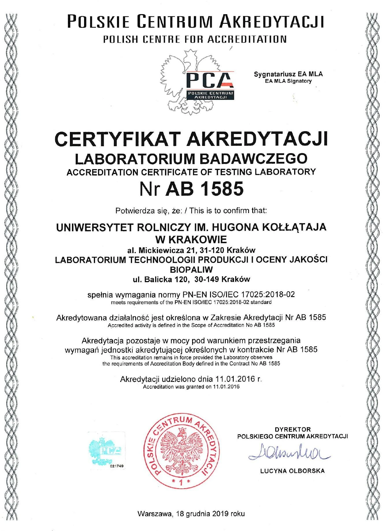 Certyfikat PCA