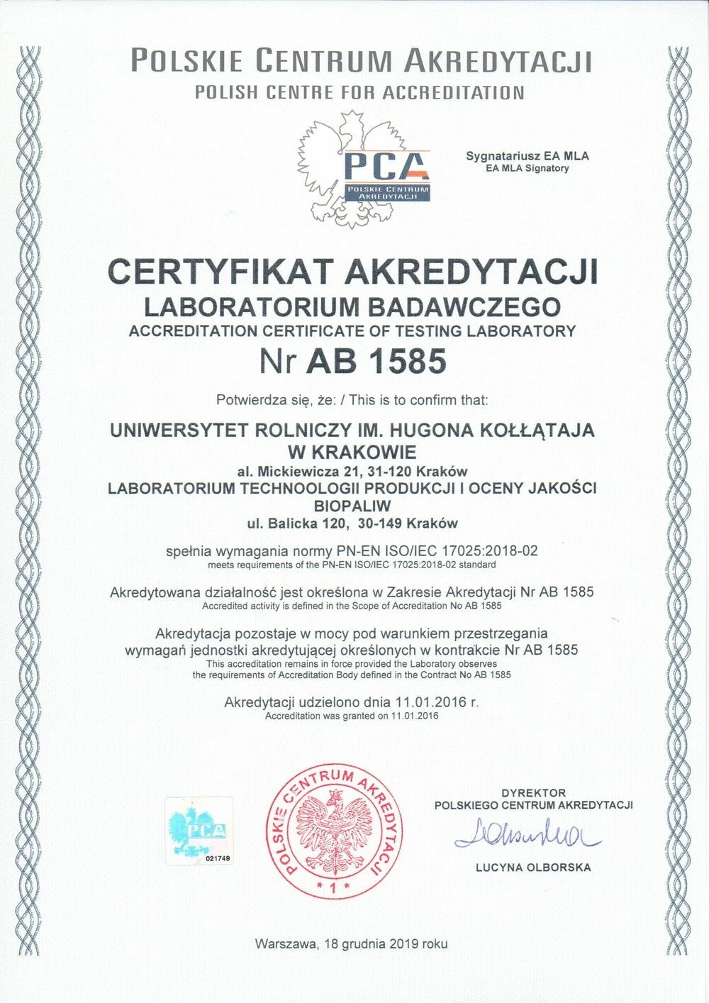 Certyfikat PCA